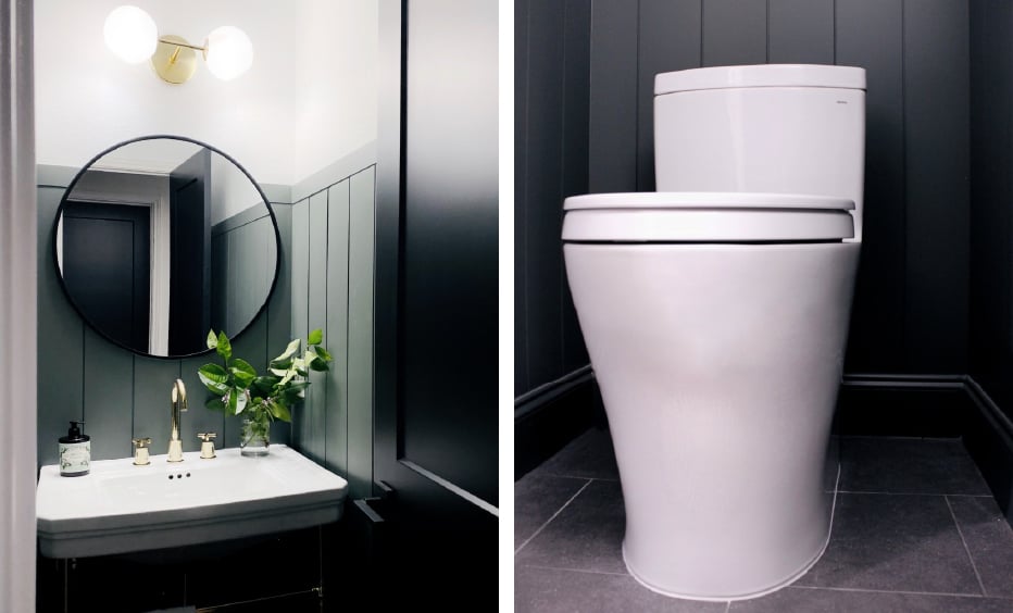 Toto Full Skirted One Piece Toilet Paired with White Sink and Brass Fixtures
