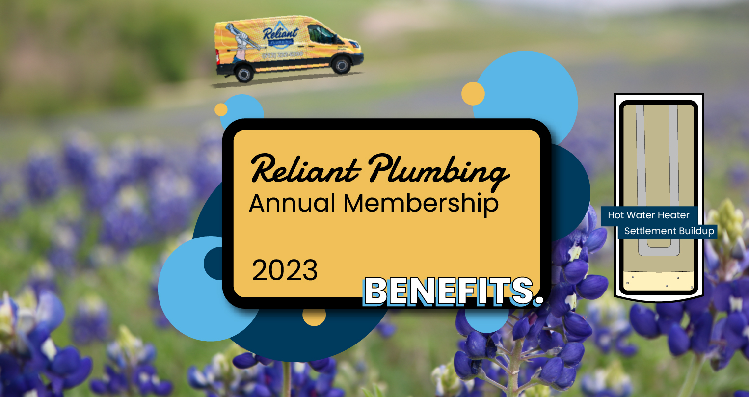 bluebonnets in the background with a yellow company vehicle driving on a road. text reads Reliant Plumbing annual membership 2023 benefits. on right, illustration of a hot water heater with sediment.