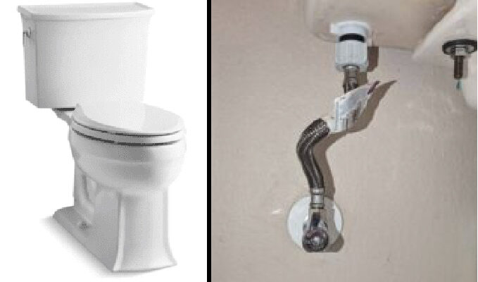 toilet on the left and a photo of a toilet shut off valve