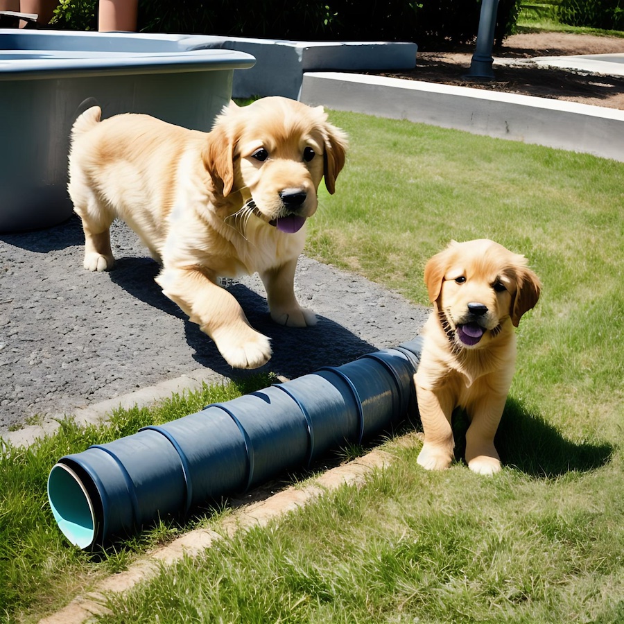 pair of golden retreiver puppies playing with drain pipe