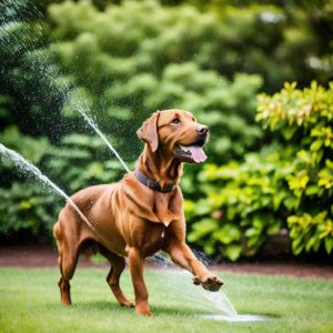 brown labrador playing in the sprinkler