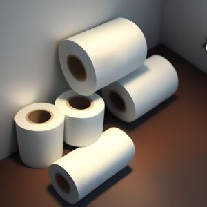 A loose stack of toilet paper rolls sits in a bathroom corner with white walls and brown floors. There are two rolls standing up net to each other and three laying on their side to the left of the two. 