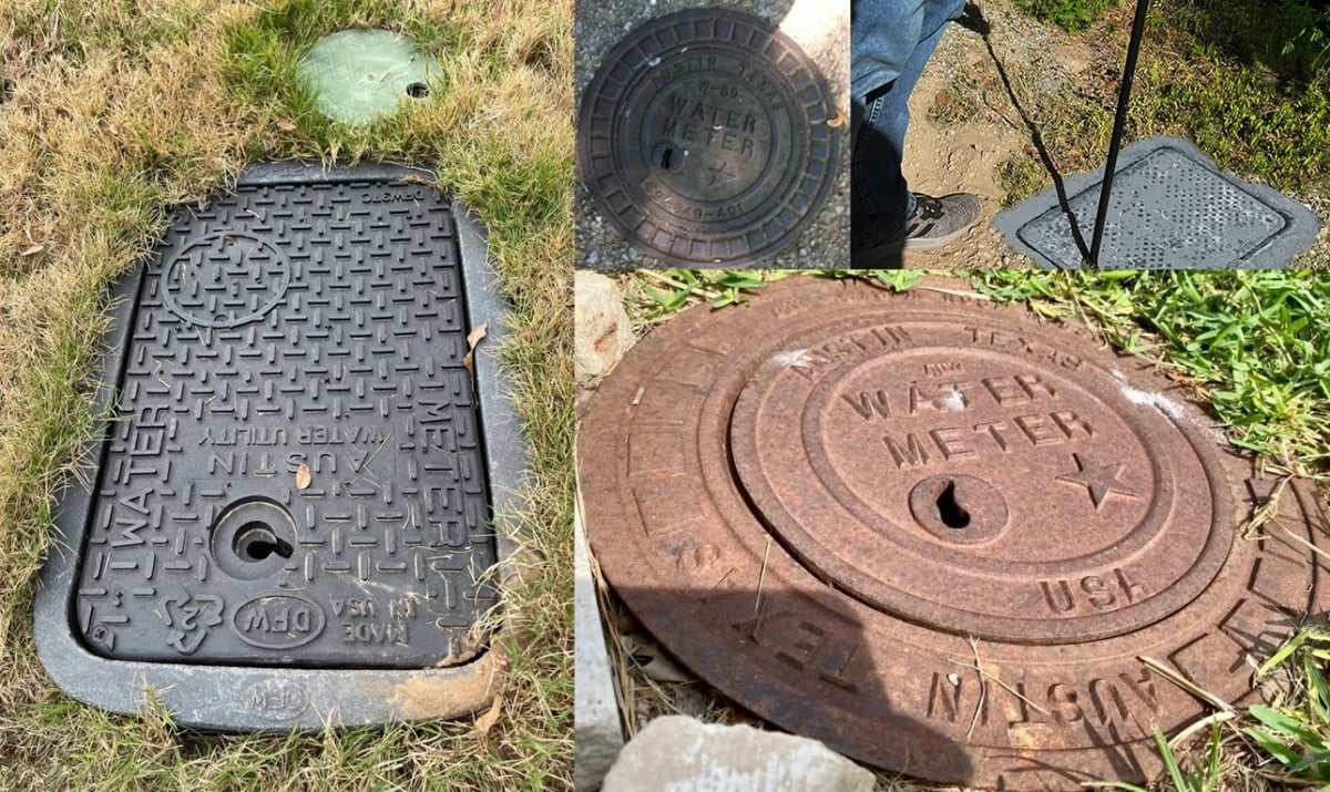 Different types of meter covers in Austin Texas. Also pictured a meter key in use on a meter cover.