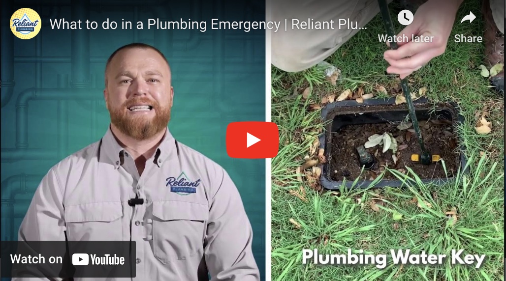 youtube video preview image of what to do in a plumbing emergency, man speaking and photo of grass with water key
