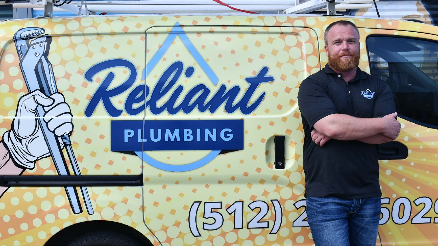 max hicks ceo standing in front of Reliant Plumbing branded yellow truck
